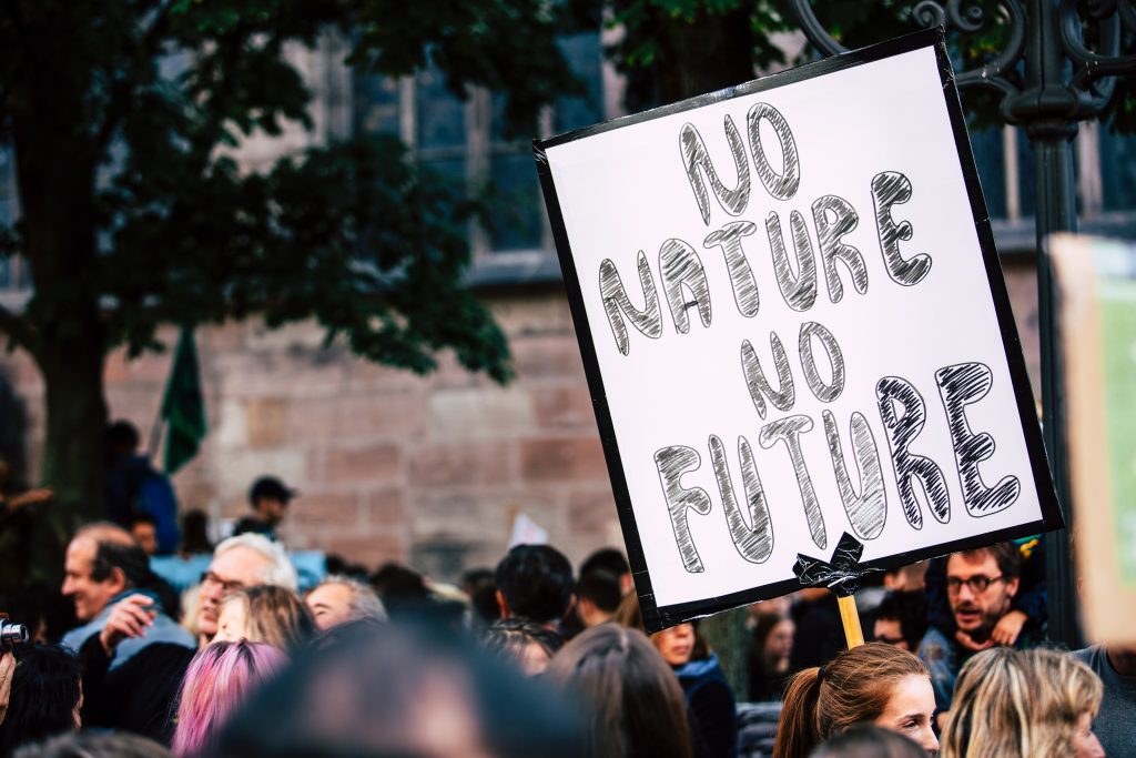No Nature No Future sign and demonstrators